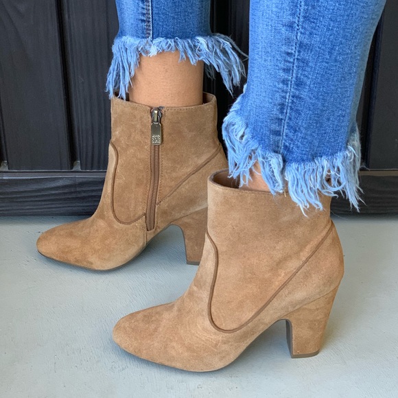 Camel Distressed Suede Block Heel Sock Ankle Boots - Picture 3 of 8